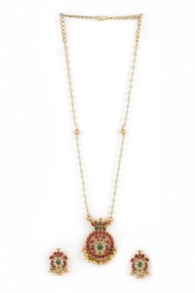 Rubans Gold-Plated Handcrafted Artificial Jewelry Set with Ruby, White Emerald Studs & Gold-White Beads with Earrings For Women and Girls – Perfect fo