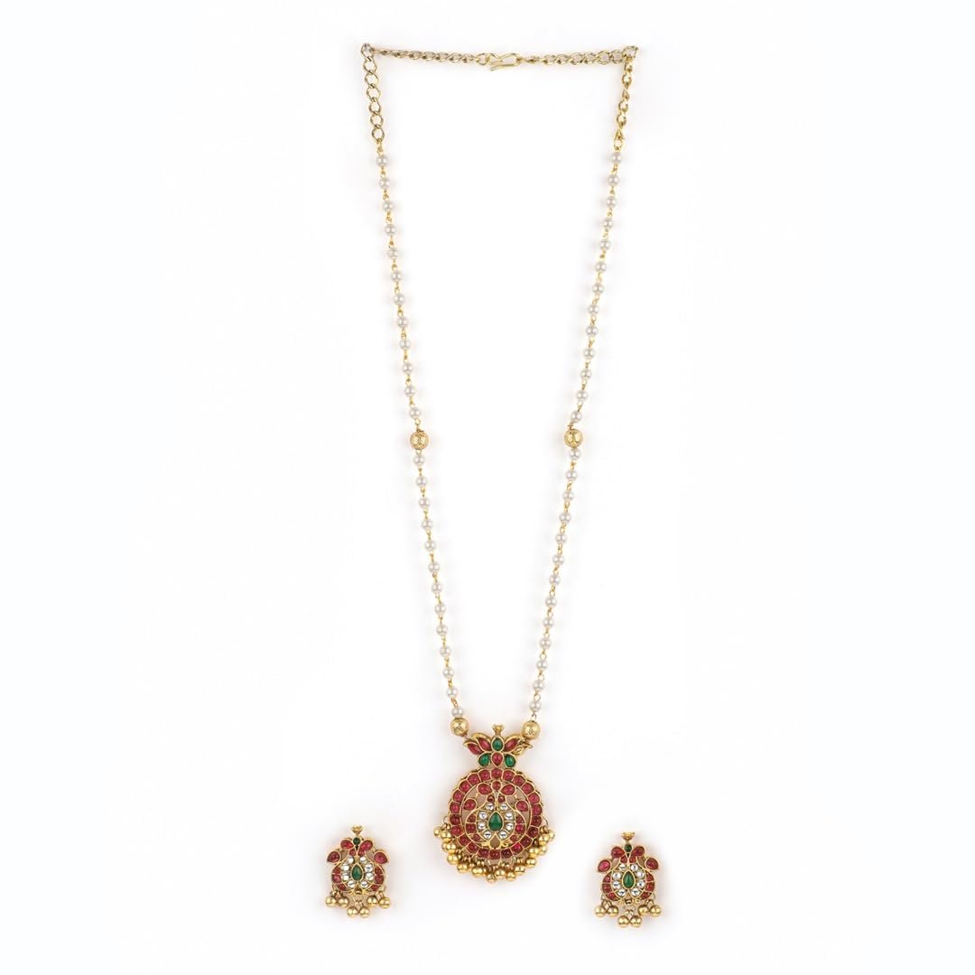 Rubans Gold-Plated Handcrafted Artificial Jewelry Set with Ruby, White Emerald Studs & Gold-White Beads with Earrings For Women and Girls โ Perfect fo