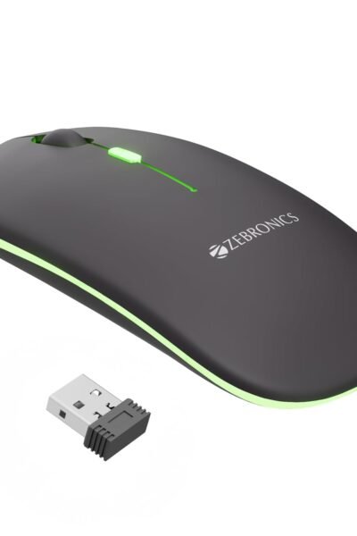 Zebronics Wireless Mouse, Dual Mode 2.4GHz + BT, Up to 1600 DPI, USB Nano Receiver, Lightweight Design, Multicolor LED Lights, Rechargeable Battery (B