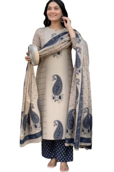 Nermosa Women's Pure Viscose Block Printed Ethnic Wear Straight Kurta Set with Palazzo Pants & Dupatta