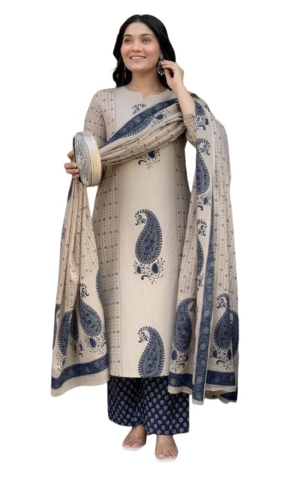 Nermosa Women's Pure Viscose Block Printed Ethnic Wear Straight Kurta Set with Palazzo Pants & Dupatta