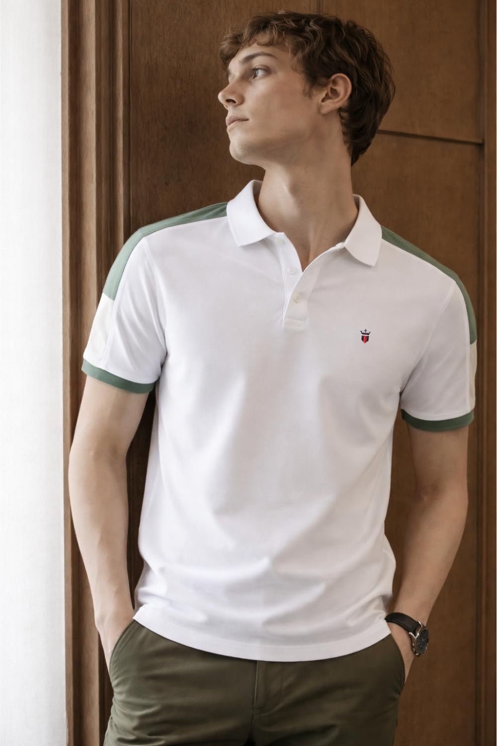 Louis Philippe Men's Slim Fit Premium High-End Pique in Superior Cotton Cut & Sew Design Color Block Shoulder Half Sleeve Polo Tshirt - Image 2