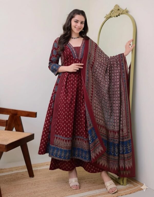 KLOSIA Women's Rayon Printed Anarkali Kurta and Pant with Dupatta Set