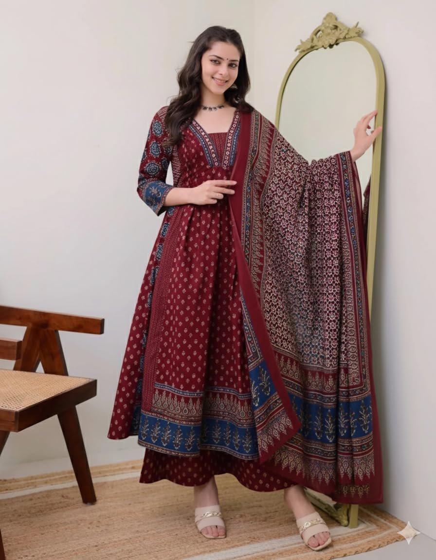 KLOSIA Women's Rayon Printed Anarkali Kurta and Pant with Dupatta Set - Image 4