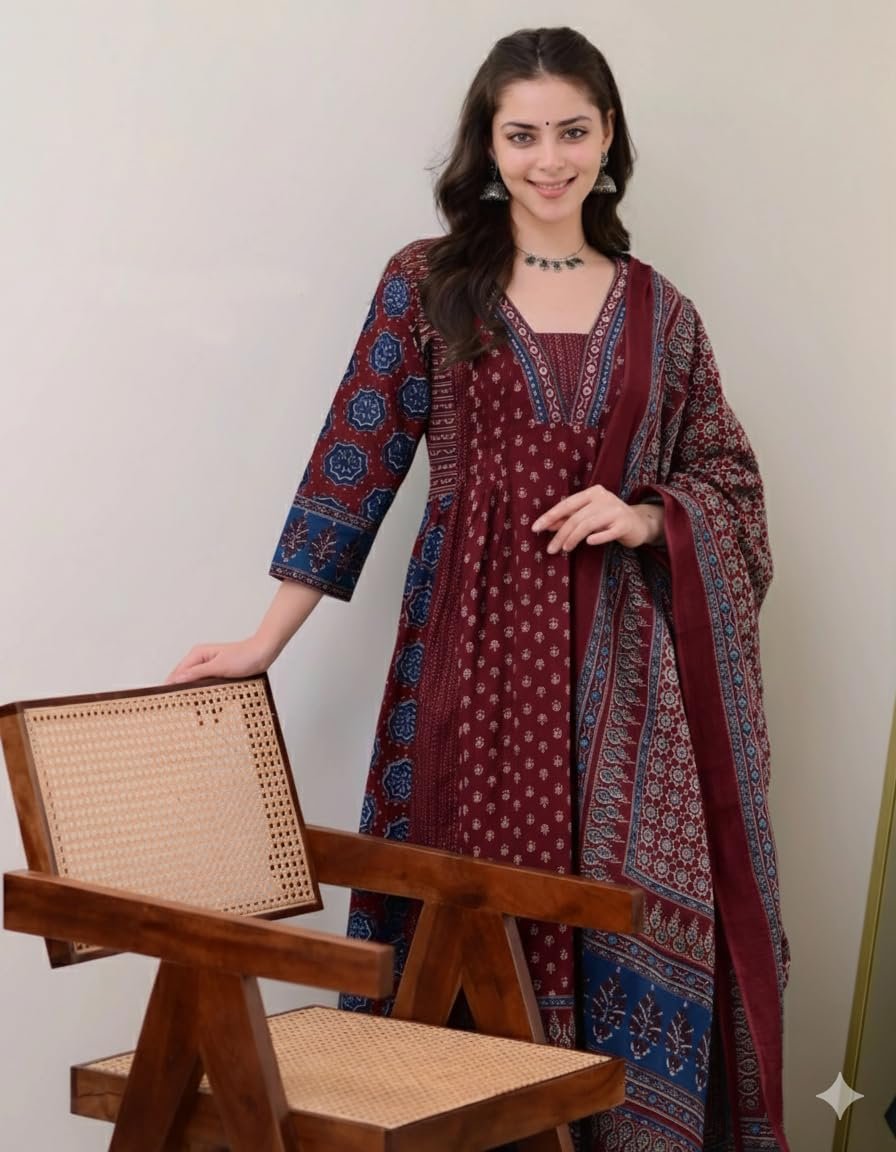 KLOSIA Women's Rayon Printed Anarkali Kurta and Pant with Dupatta Set - Image 3