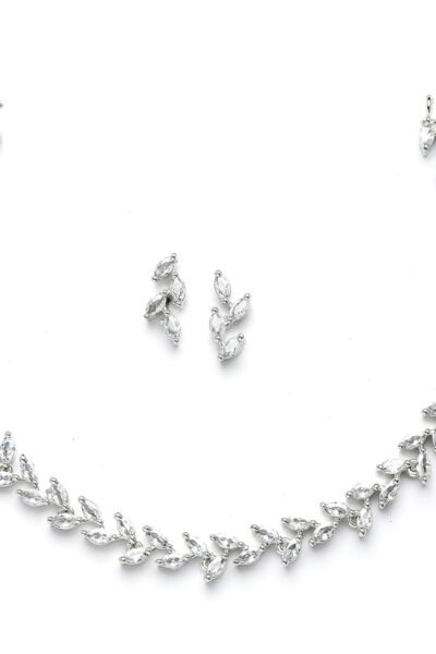 ZENEME Rhodium-Plated White American Diamond Necklace Set with Earrings for Women & Girls Leaf Vine AD Jewellery Set For Womens