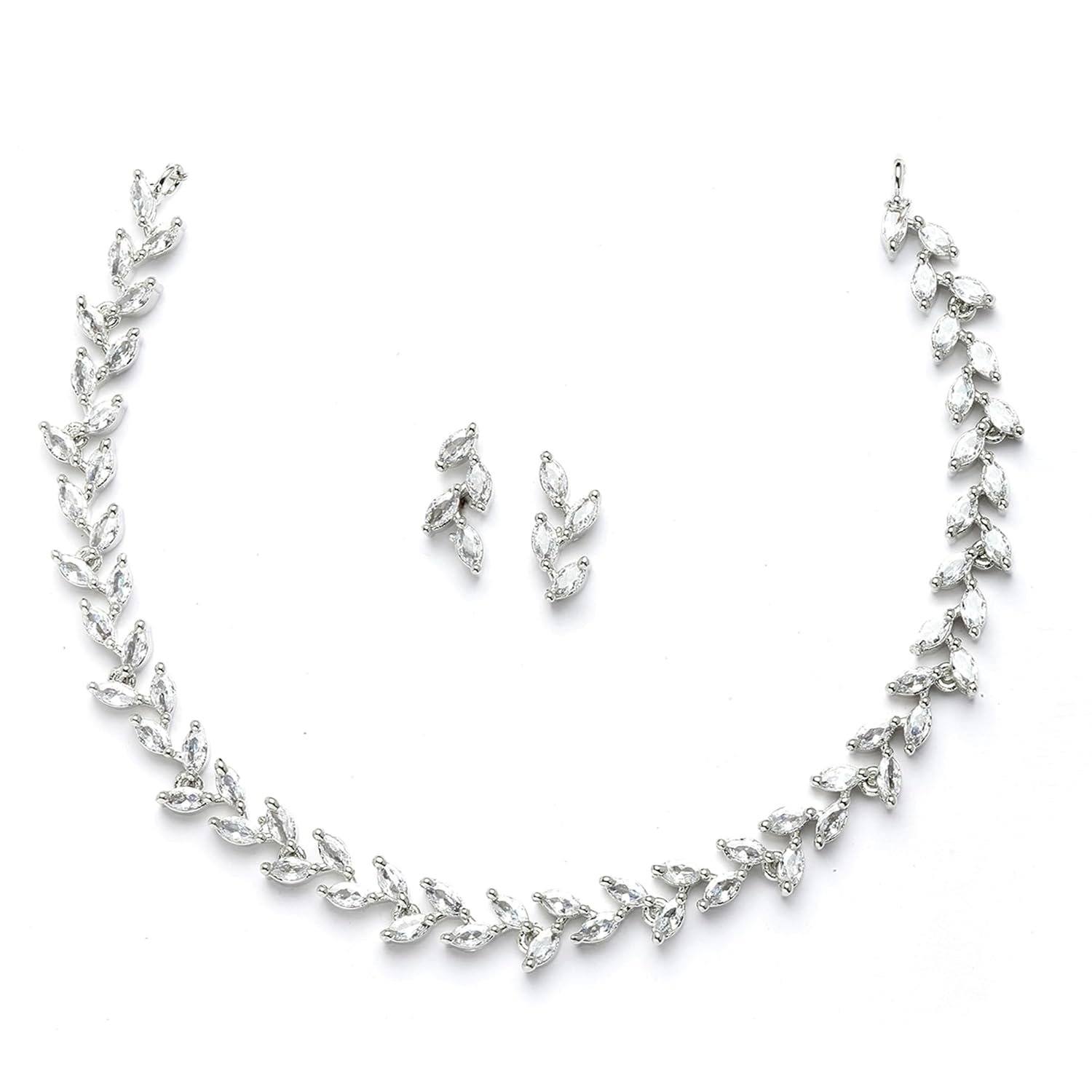 ZENEME Rhodium-Plated White American Diamond Necklace Set with Earrings for Women & Girls Leaf Vine AD Jewellery Set For Womens