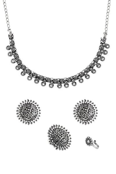 Yellow Chimes Oxidised Necklace Set For Women And Girls German Silver Oxidised Designed Ethnic Jewellery Choker Necklace Set For Women And Girls