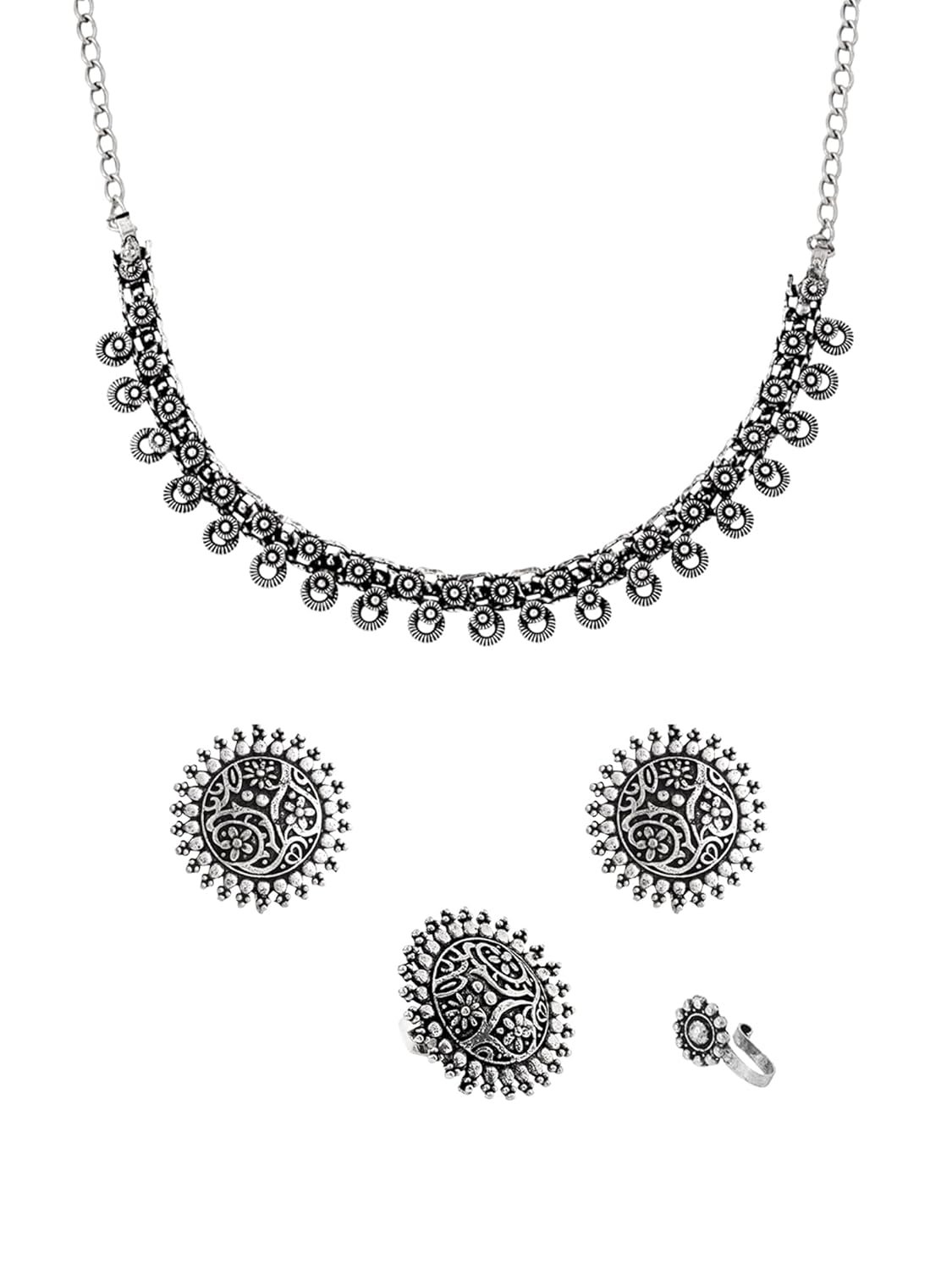 Yellow Chimes Oxidised Necklace Set For Women And Girls German Silver Oxidised Designed Ethnic Jewellery Choker Necklace Set For Women And Girls