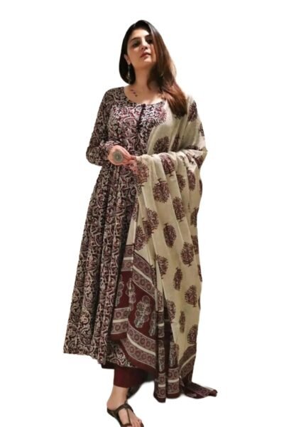 Nermosa Women Printed Anarkali Kurta and Pant Set with Dupatta