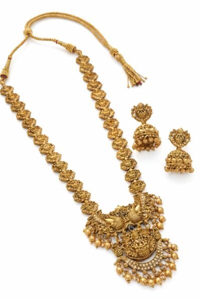 South Indian Traditional Antique Matte Gold Finish Goddess Lakshmi & Peacock Motif Long Necklace Set with Jhumka Earrings for Women