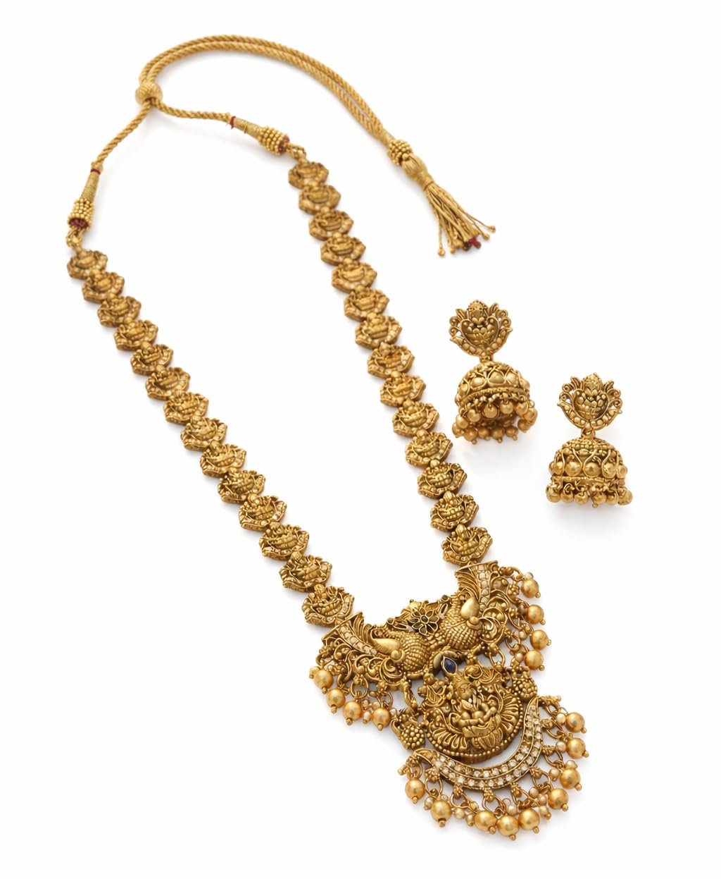 South Indian Traditional Antique Matte Gold Finish Goddess Lakshmi & Peacock Motif Long Necklace Set with Jhumka Earrings for Women