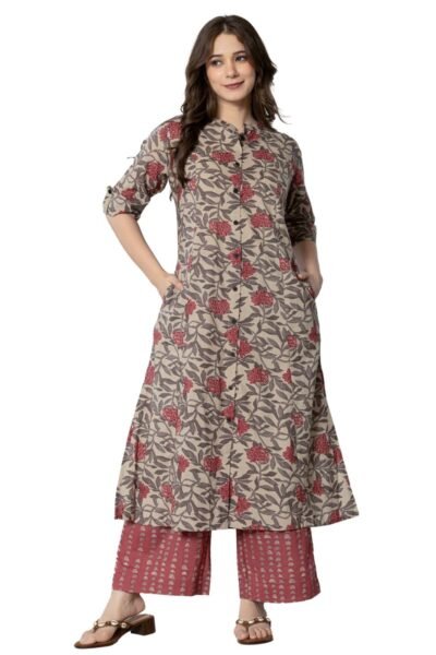 rytras Women Cotton Printed A-Line Kurta with Palazzo Pant Set