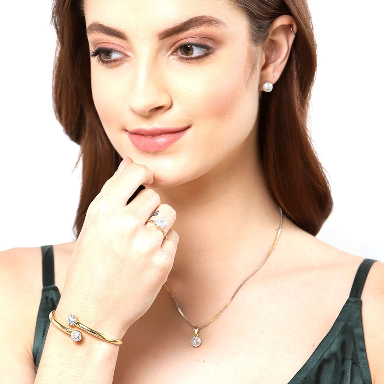 ZENEME Jewellery Set Gold Plated American Diamond Traditional Stylish Pendant Set, Ring, Bracelet with Earring Jewellery for Women & Girls - Image 3