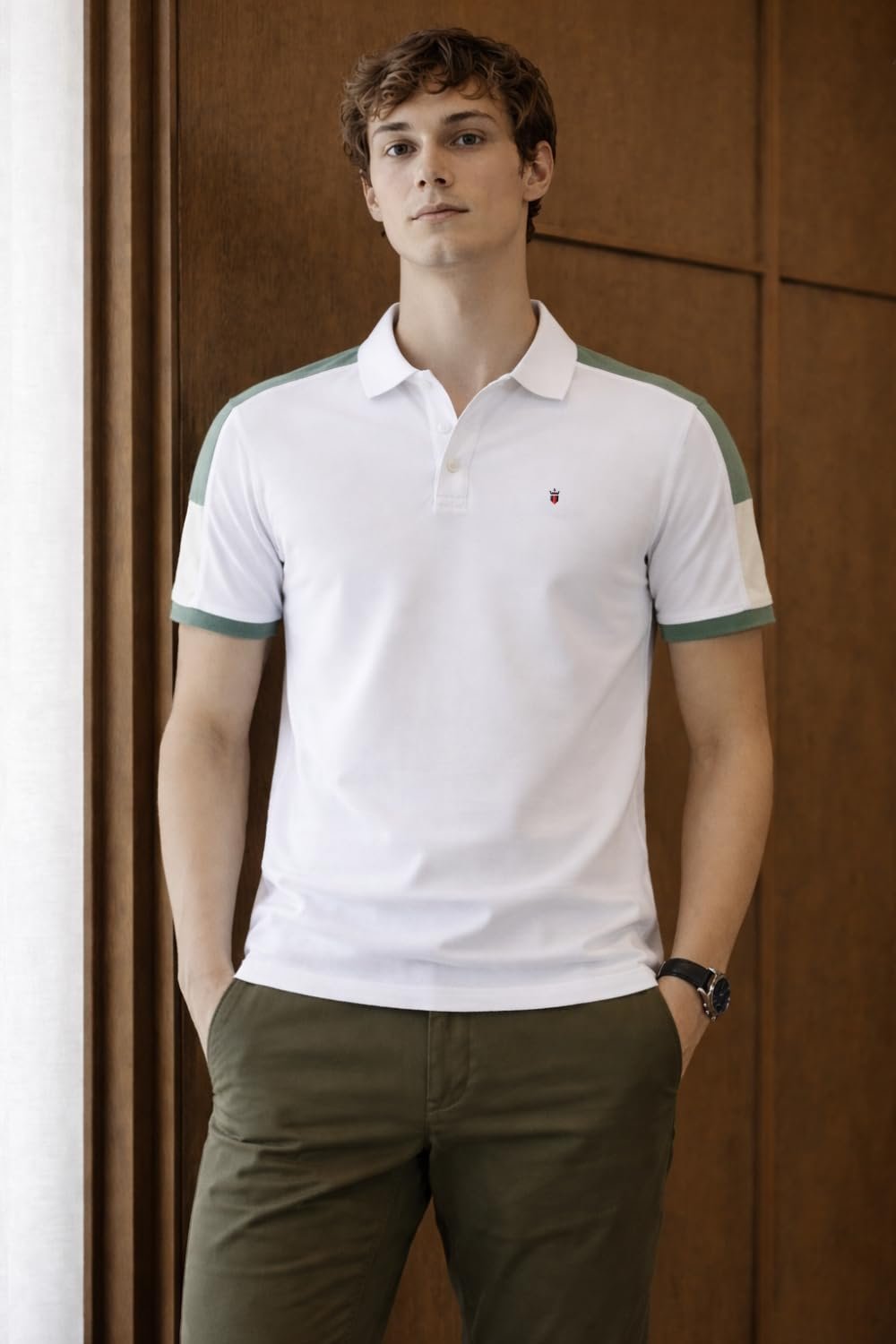 Louis Philippe Men's Slim Fit Premium High-End Pique in Superior Cotton Cut & Sew Design Color Block Shoulder Half Sleeve Polo Tshirt - Image 3