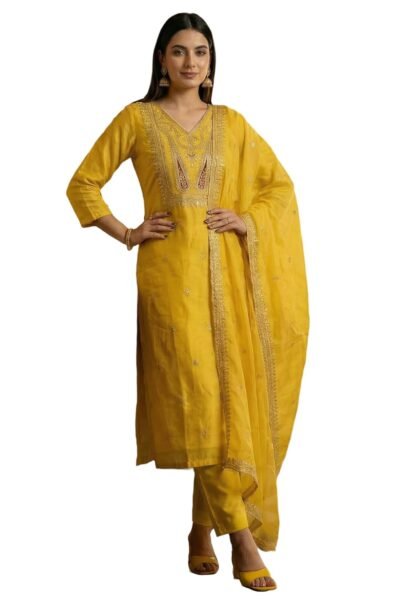 INDO ERA Women's Cotton Solid Straight Kurta Palazzo With Dupatta Set
