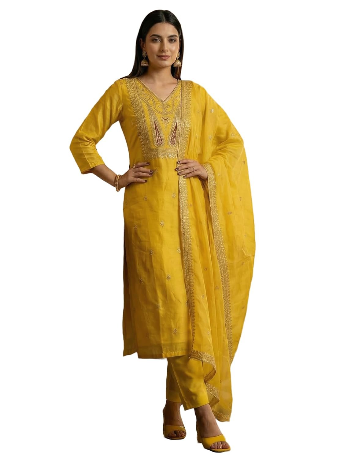 INDO ERA Women's Cotton Solid Straight Kurta Palazzo With Dupatta Set
