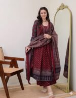 KLOSIA Women's Rayon Printed Anarkali Kurta and Pant with Dupatta Set