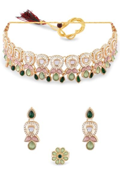 ZAVERI PEARLS Green Pink Stones Austrian Diamonds Embellished Choker Necklace Earring & Ring Set For Women-ZPFK17672