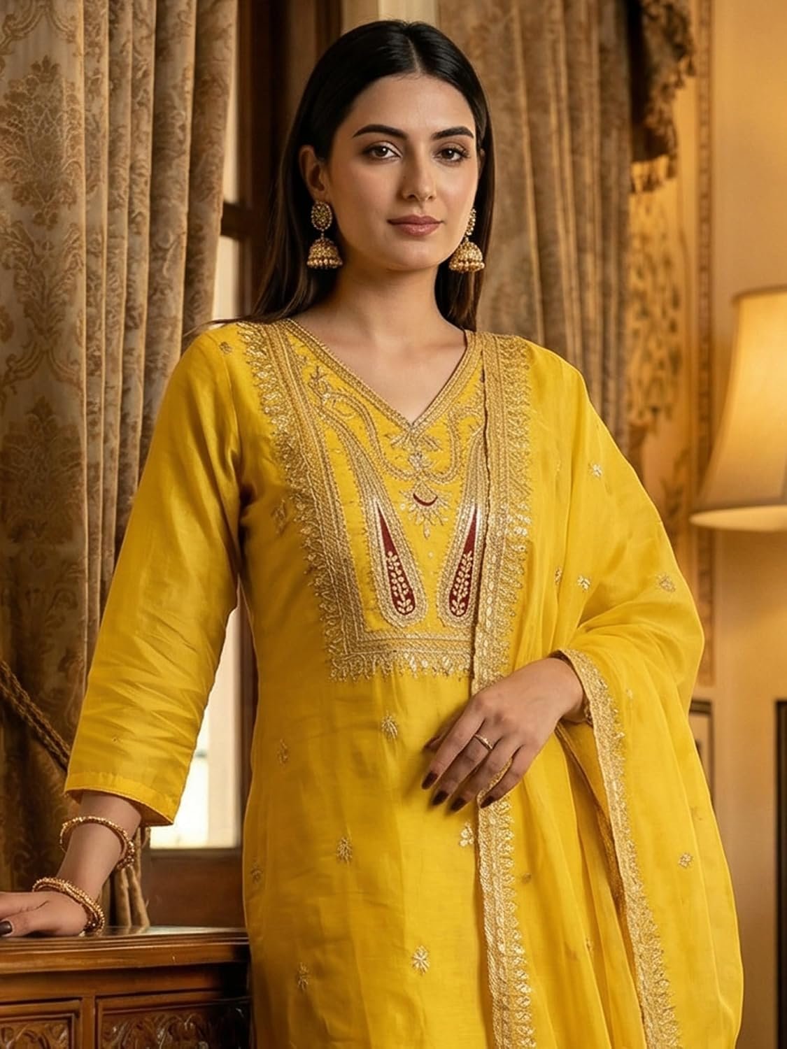INDO ERA Women's Cotton Solid Straight Kurta Palazzo With Dupatta Set - Image 5