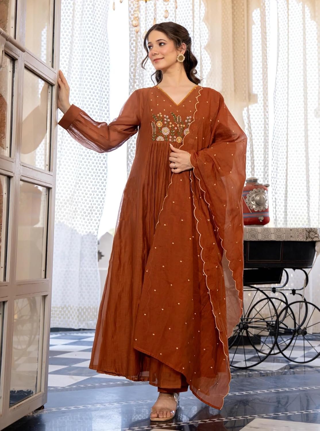 Nermosa Women Embroidery Solid Anarkali Kurta and Pant Set with Dupatta - Image 4