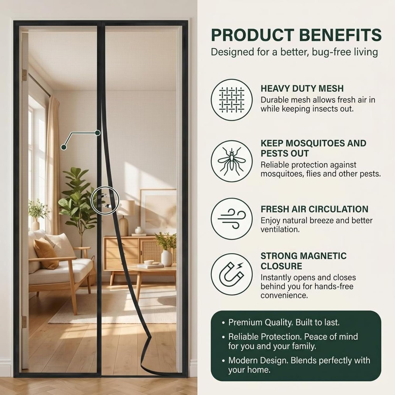 Mosquito Net for Door Fiberglass Magnetic Curtain Auto Closing Insect Screen for All Door Types with Self Adhesive Hook Tape - Image 4