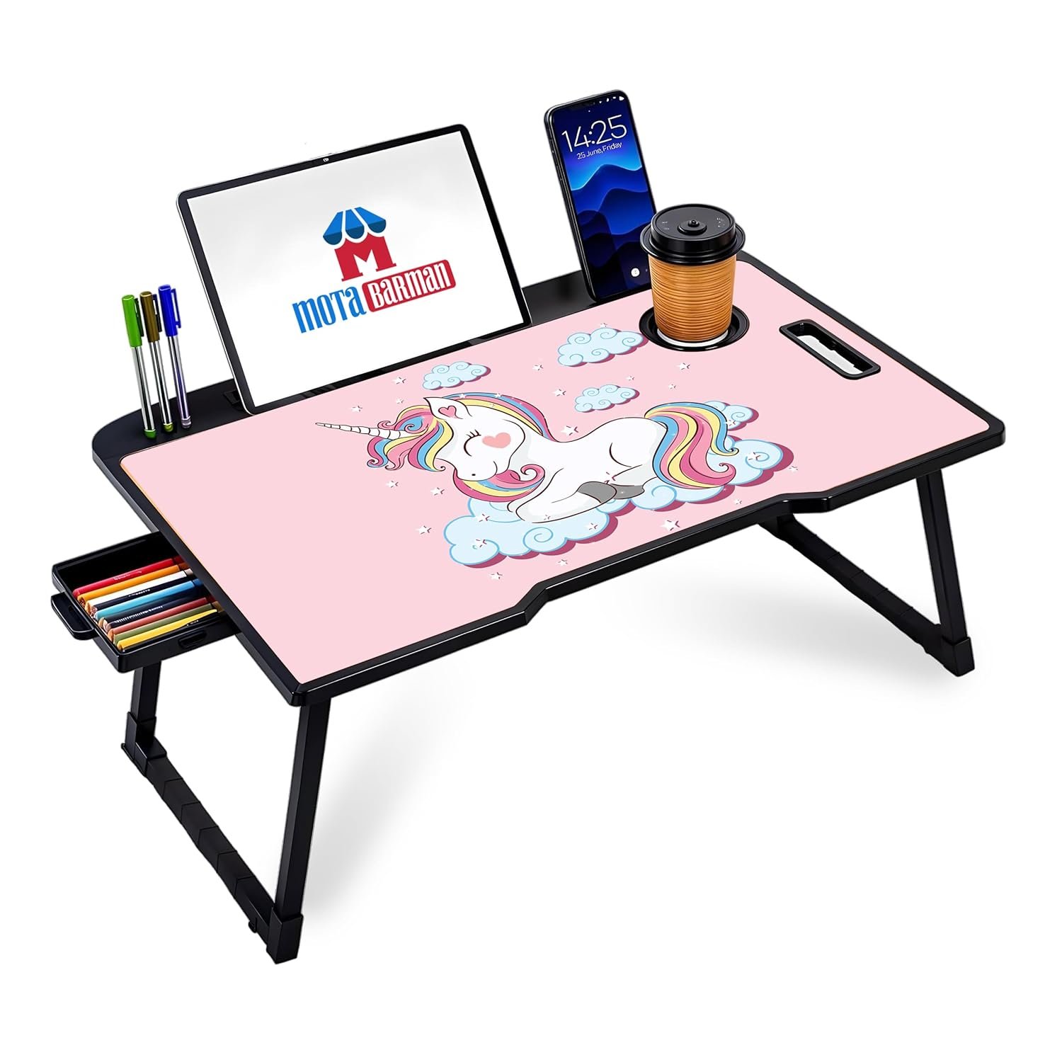 DIVIJA STORE Smart Multipurpose Foldable Laptop Table with Cup Holder, Study Table, Bed Table, Breakfast Table, Foldable and Portable/Ergonomic & Roun