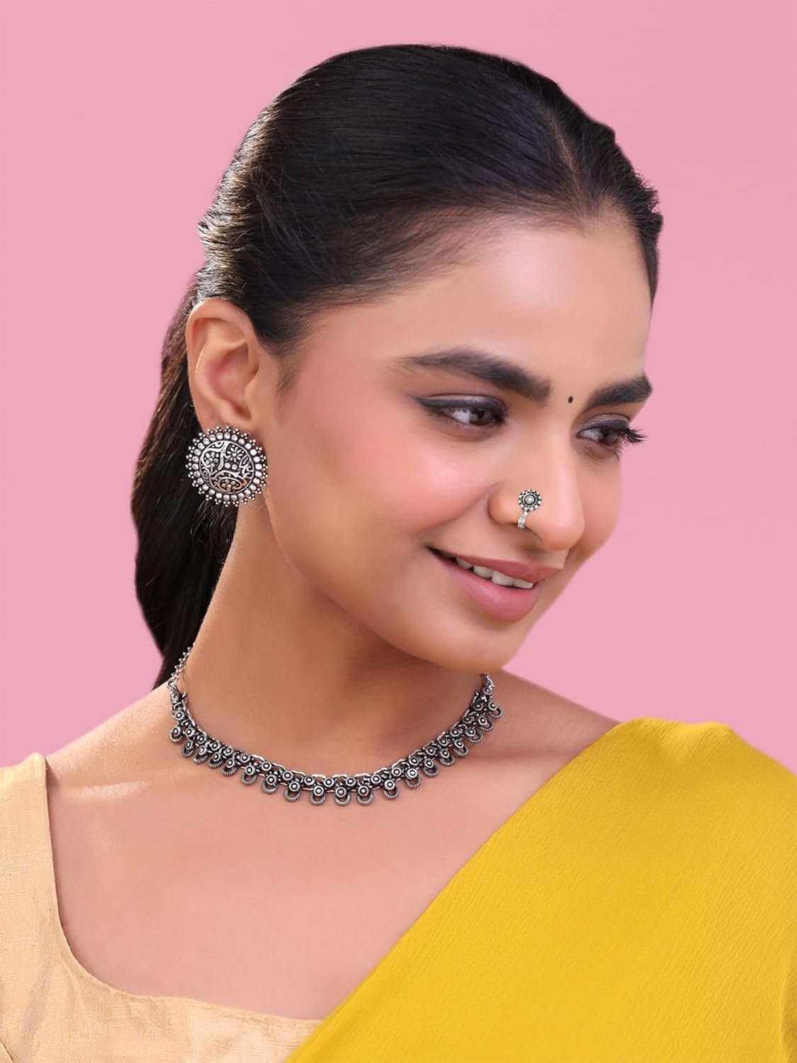 Yellow Chimes Oxidised Necklace Set For Women And Girls German Silver Oxidised Designed Ethnic Jewellery Choker Necklace Set For Women And Girls - Image 5