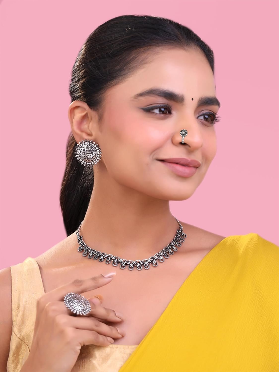 Yellow Chimes Oxidised Necklace Set For Women And Girls German Silver Oxidised Designed Ethnic Jewellery Choker Necklace Set For Women And Girls - Image 2