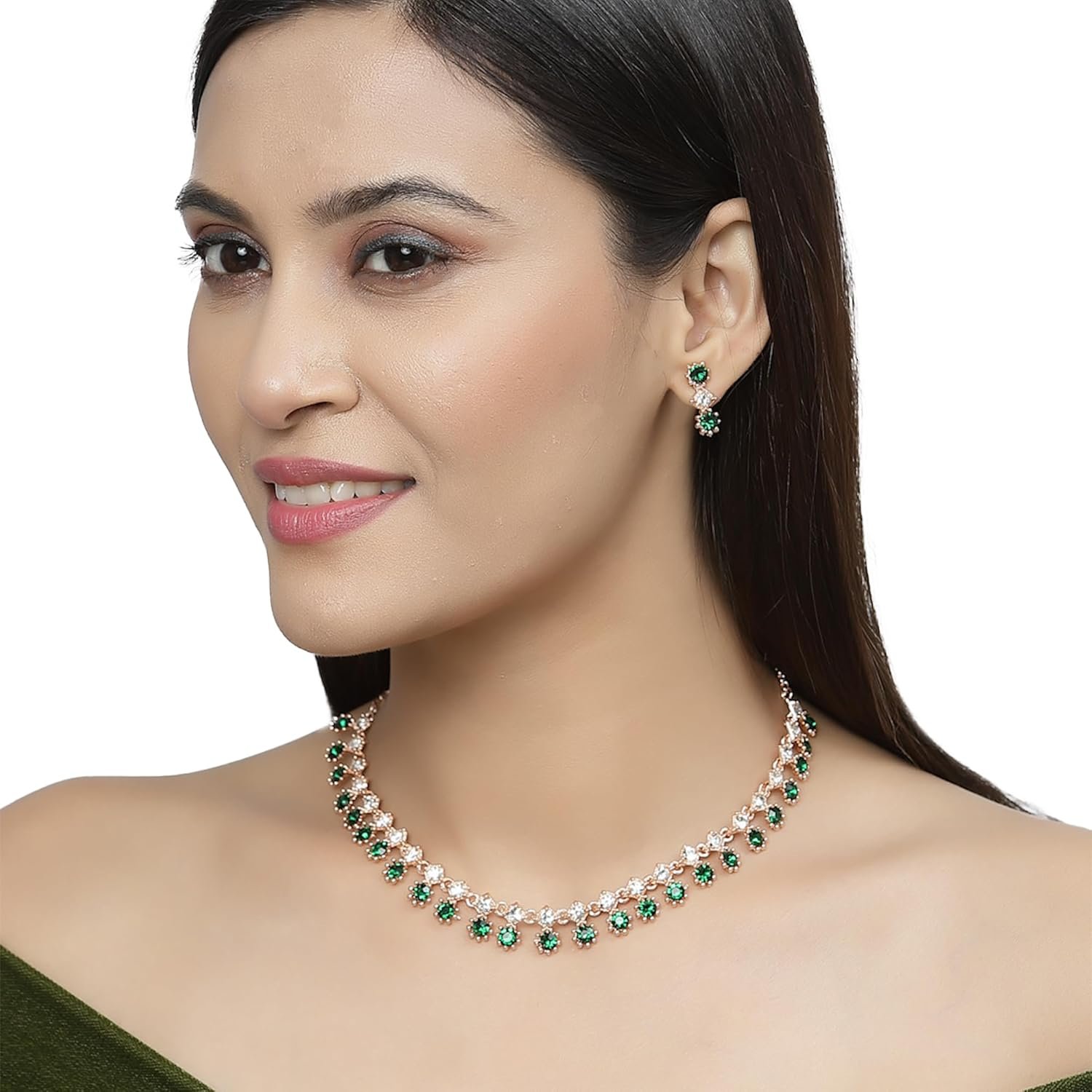 ZENEME Rose Gold-Plated American Diamond Studded Star Shaped Necklace With Earrings Jewellery Set For Girls and Women - Image 4