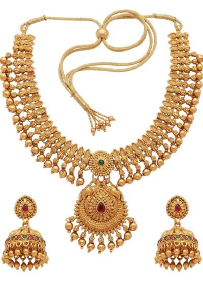 Gold-Plated Antique Temple Jewellery Set for Women - Traditional Necklace with Large Peacock Pendant & Matching Jhumka Earrings