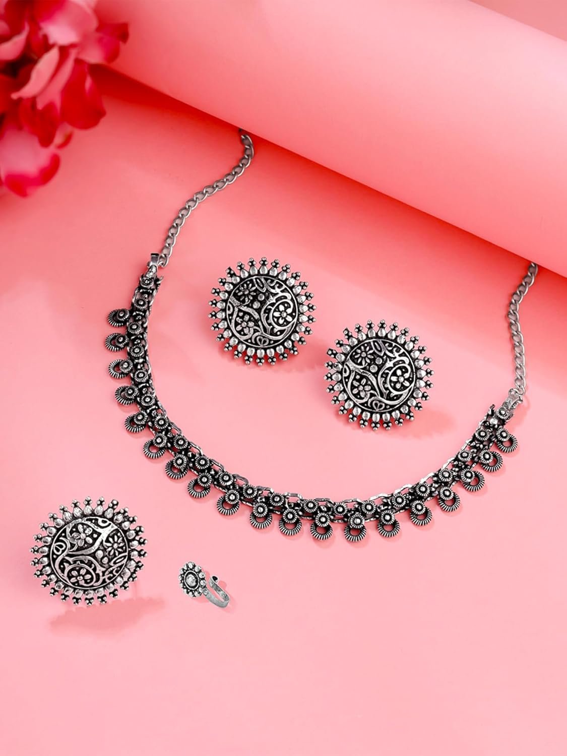 Yellow Chimes Oxidised Necklace Set For Women And Girls German Silver Oxidised Designed Ethnic Jewellery Choker Necklace Set For Women And Girls - Image 3