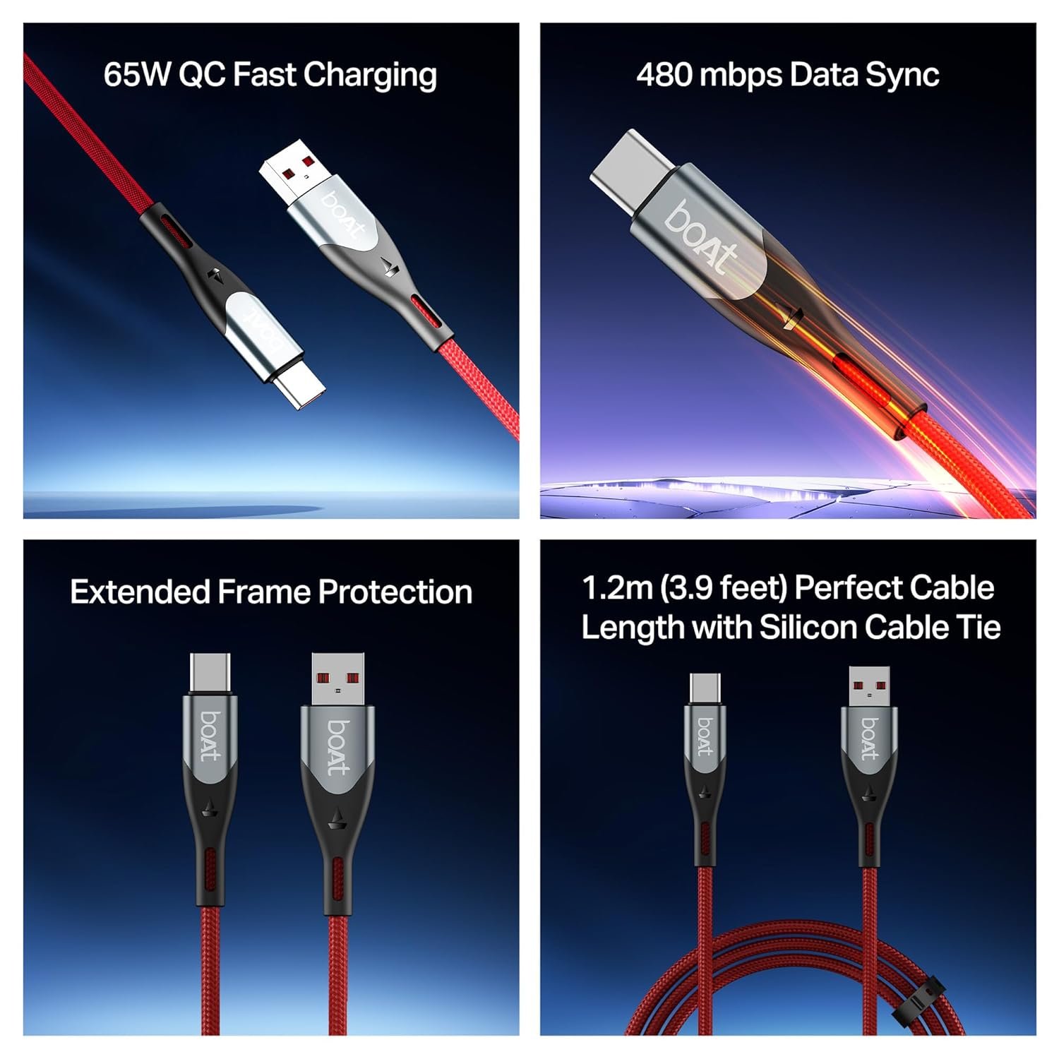 boAt Type A to C 65W Fast Charging Cable with 480 Mbps Data Transfer, Tangle-Free Cable in Premium Nylon Braided Design & Durable Aluminium Alloy Shel - Image 2