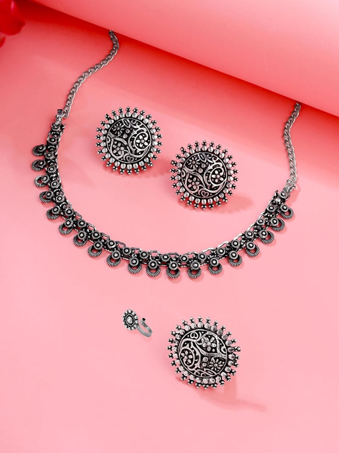Yellow Chimes Oxidised Necklace Set For Women And Girls German Silver Oxidised Designed Ethnic Jewellery Choker Necklace Set For Women And Girls - Image 6