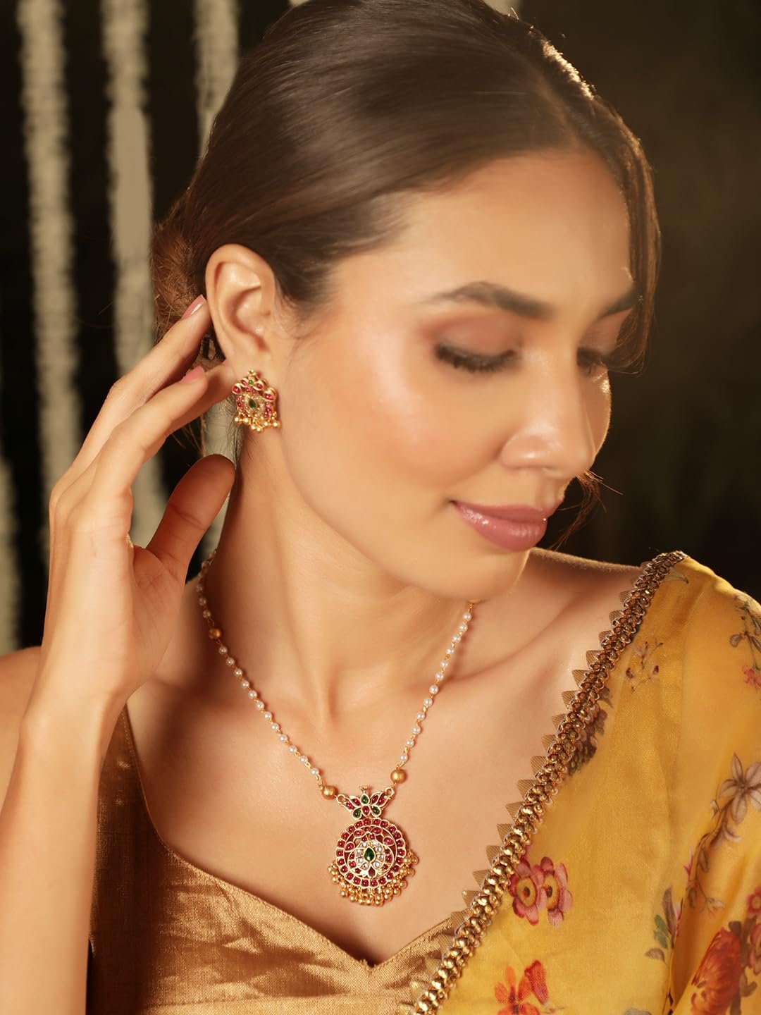 Rubans Gold-Plated Handcrafted Artificial Jewelry Set with Ruby, White Emerald Studs & Gold-White Beads with Earrings For Women and Girls โ Perfect fo - Image 2