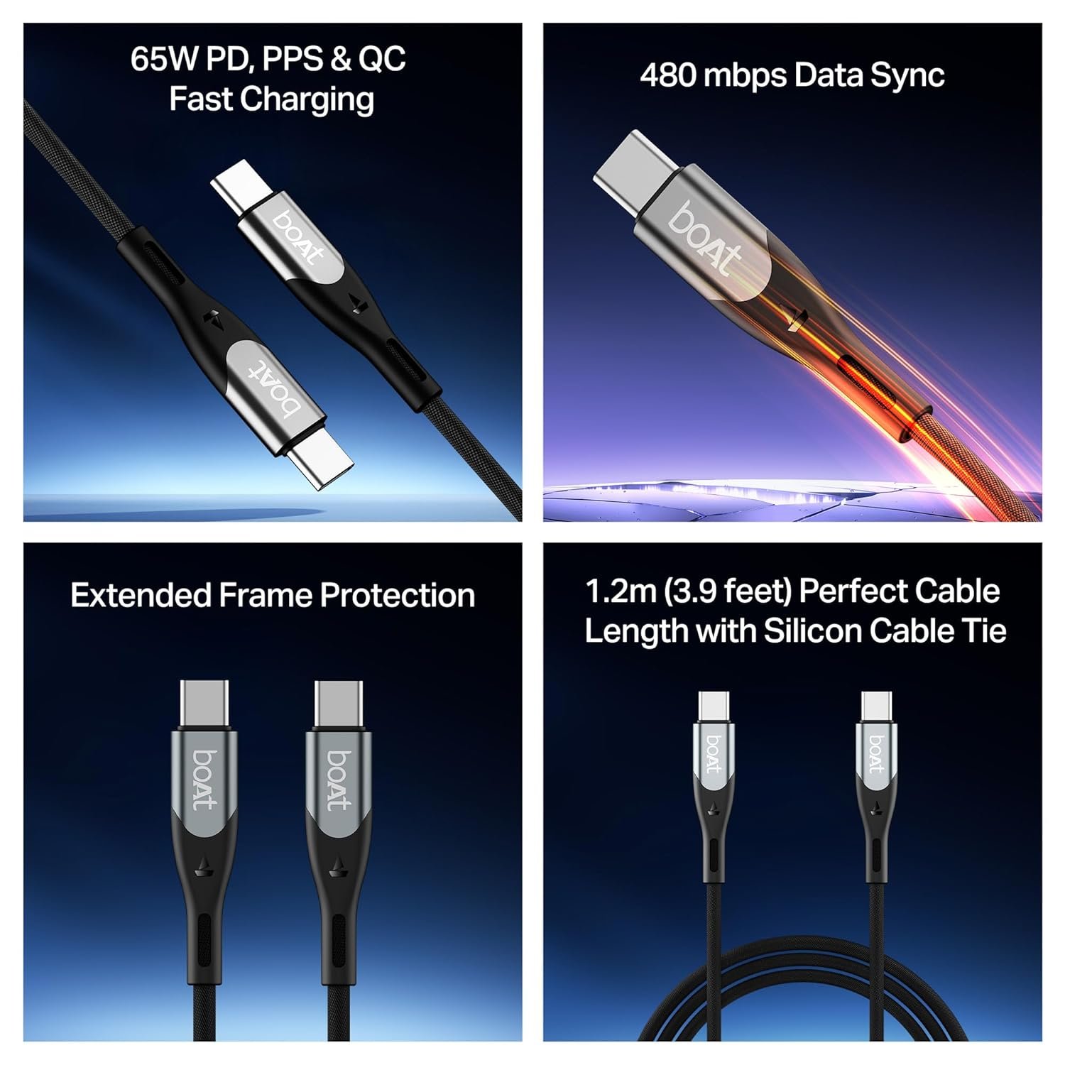 boAt Type C to C 65W Fast Charging Cable with 480 Mbps Data Transfer, Tangle-Free Cable in Premium Nylon Braided Design (Carbon Black) - Image 2
