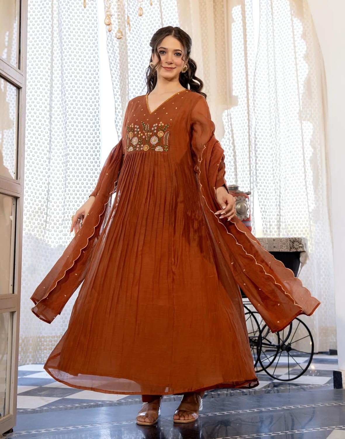 Nermosa Women Embroidery Solid Anarkali Kurta and Pant Set with Dupatta - Image 5