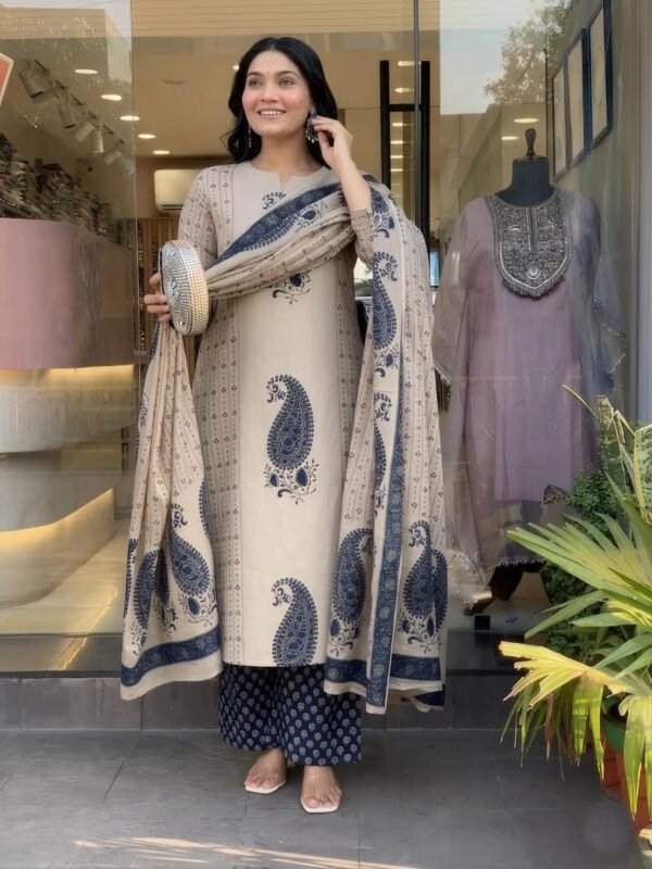 Nermosa Women's Pure Viscose Block Printed Ethnic Wear Straight Kurta Set with Palazzo Pants & Dupatta