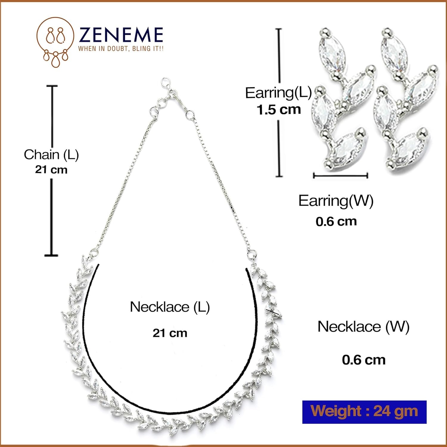 ZENEME Rhodium-Plated White American Diamond Necklace Set with Earrings for Women & Girls Leaf Vine AD Jewellery Set For Womens - Image 5