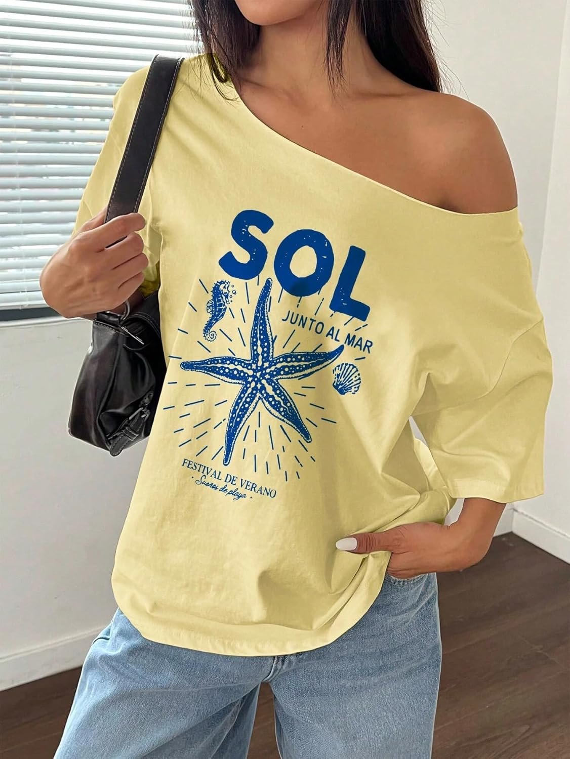 SXV STYLE SOL Women Summer Loose Asymmetrical Neck Cocktail Fruit Orange Y2K Graphic Oversized T-Shirt - Image 4