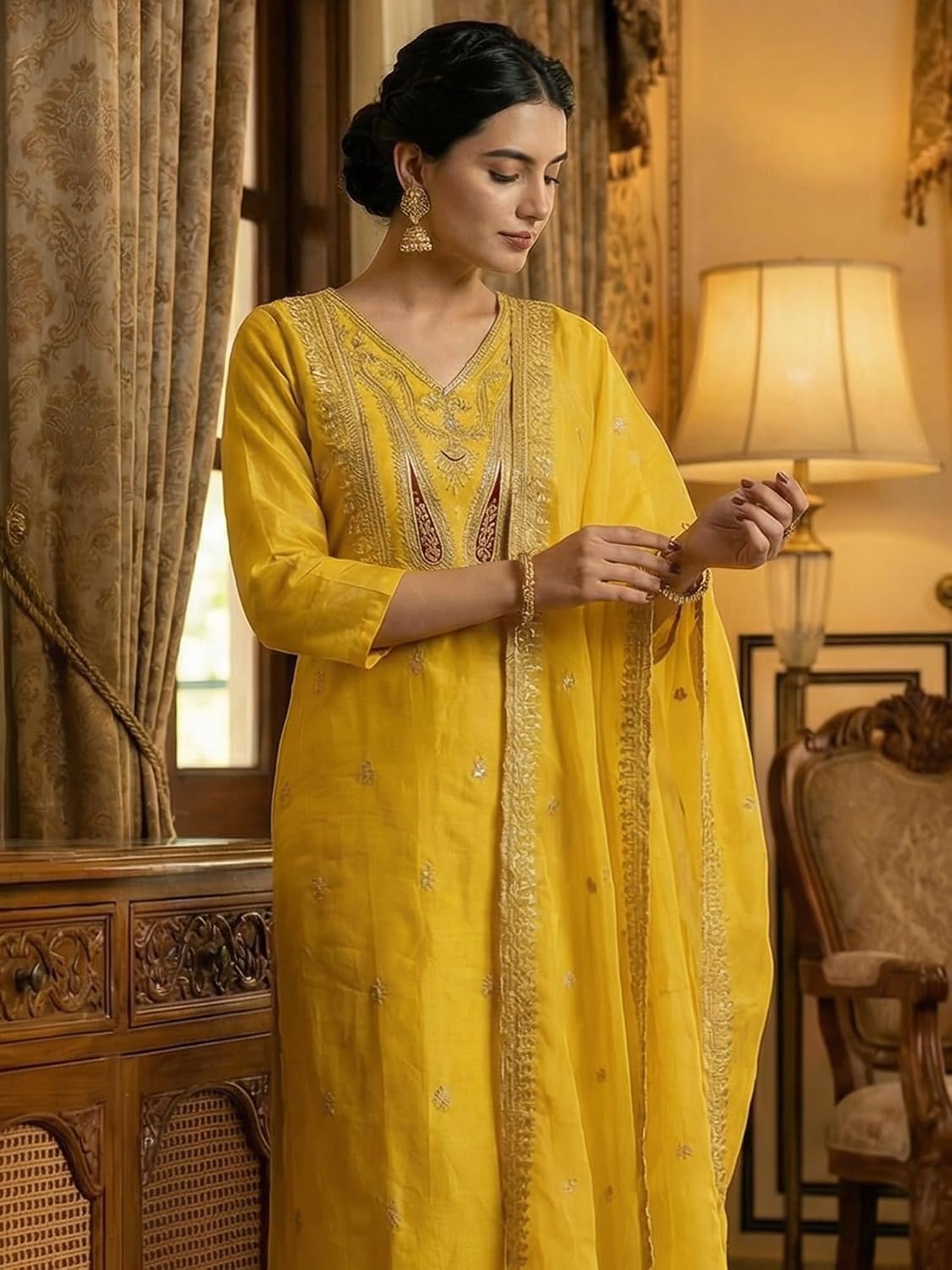 INDO ERA Women's Cotton Solid Straight Kurta Palazzo With Dupatta Set - Image 2
