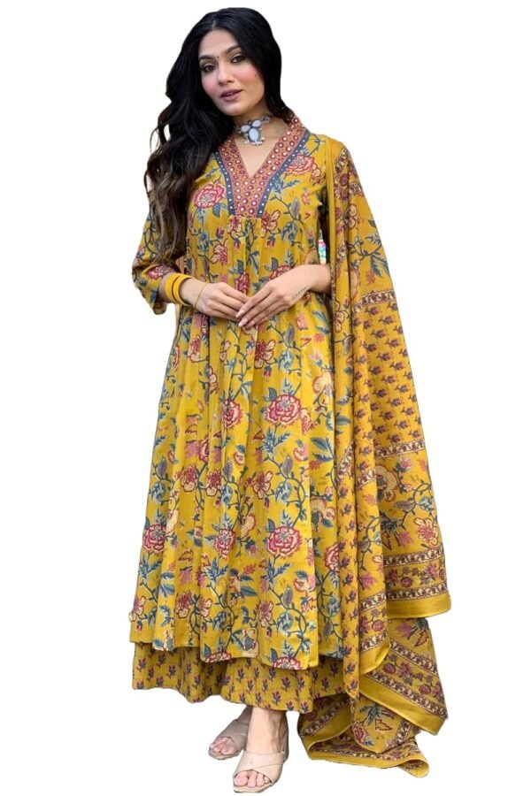 GoSriKi Women's Rayon Viscose Anarkali Printed Kurta with Palazzo & Dupatta