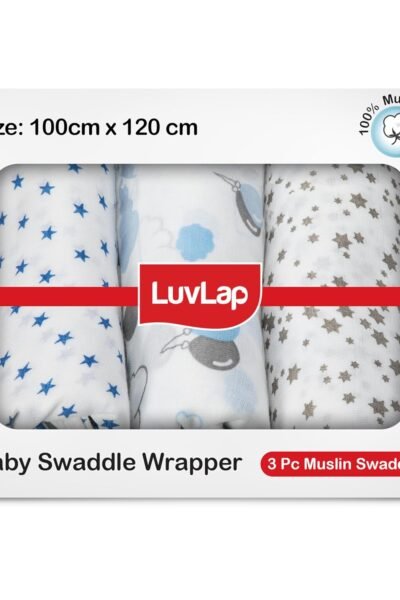 LuvLap 100% Cotton Muslin Baby Swaddle Set, Baby Towel, Size-120cm x 100cm (47"x39"), Stars Printed on White, 0-18 Month+, Printed Mulmal Muslin Swadd
