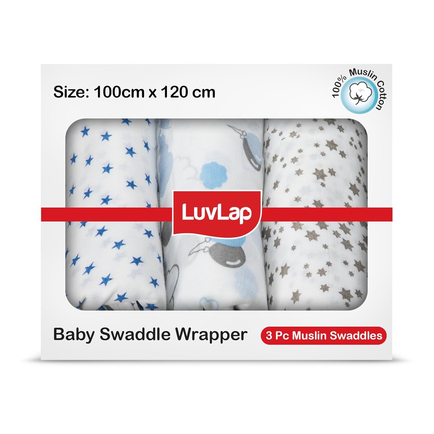 LuvLap 100% Cotton Muslin Baby Swaddle Set, Baby Towel, Size-120cm x 100cm (47"x39"), Stars Printed on White, 0-18 Month+, Printed Mulmal Muslin Swadd