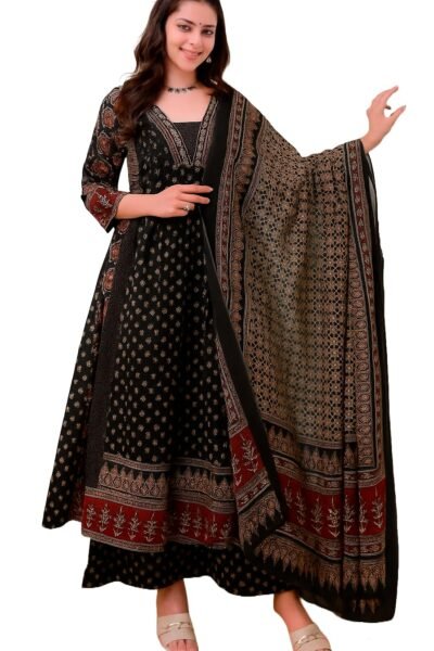 KLOSIA Women's Rayon Printed Anarkali Kurta and Pant with Dupatta Set