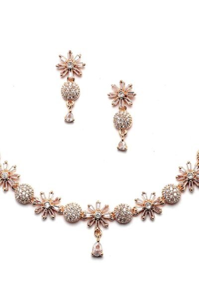 ZENEME Rhodium Plated Silver Toned White American Diamond Studded Necklace With Earring Jewellery Set For Women and Girl