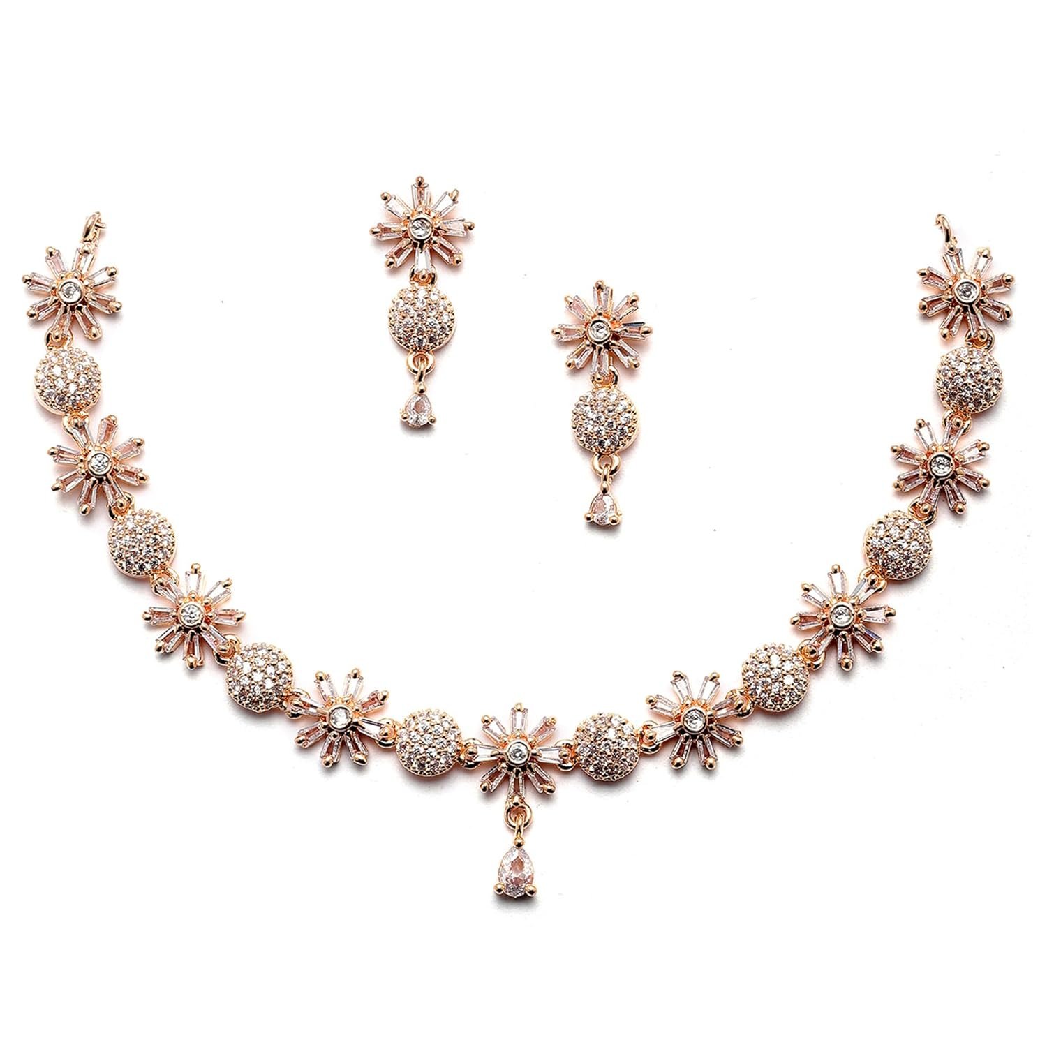 ZENEME Rhodium Plated Silver Toned White American Diamond Studded Necklace With Earring Jewellery Set For Women and Girl