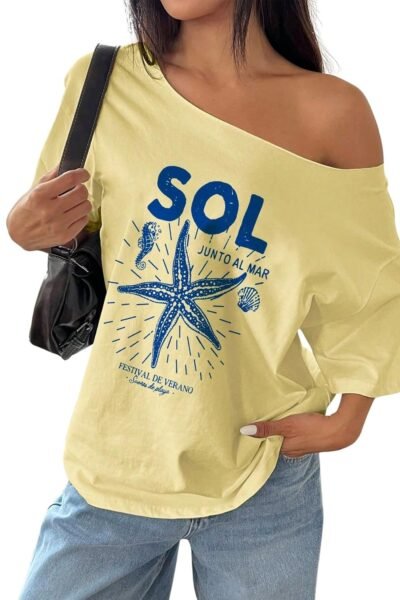 SXV STYLE SOL Women Summer Loose Asymmetrical Neck Cocktail Fruit Orange Y2K Graphic Oversized T-Shirt