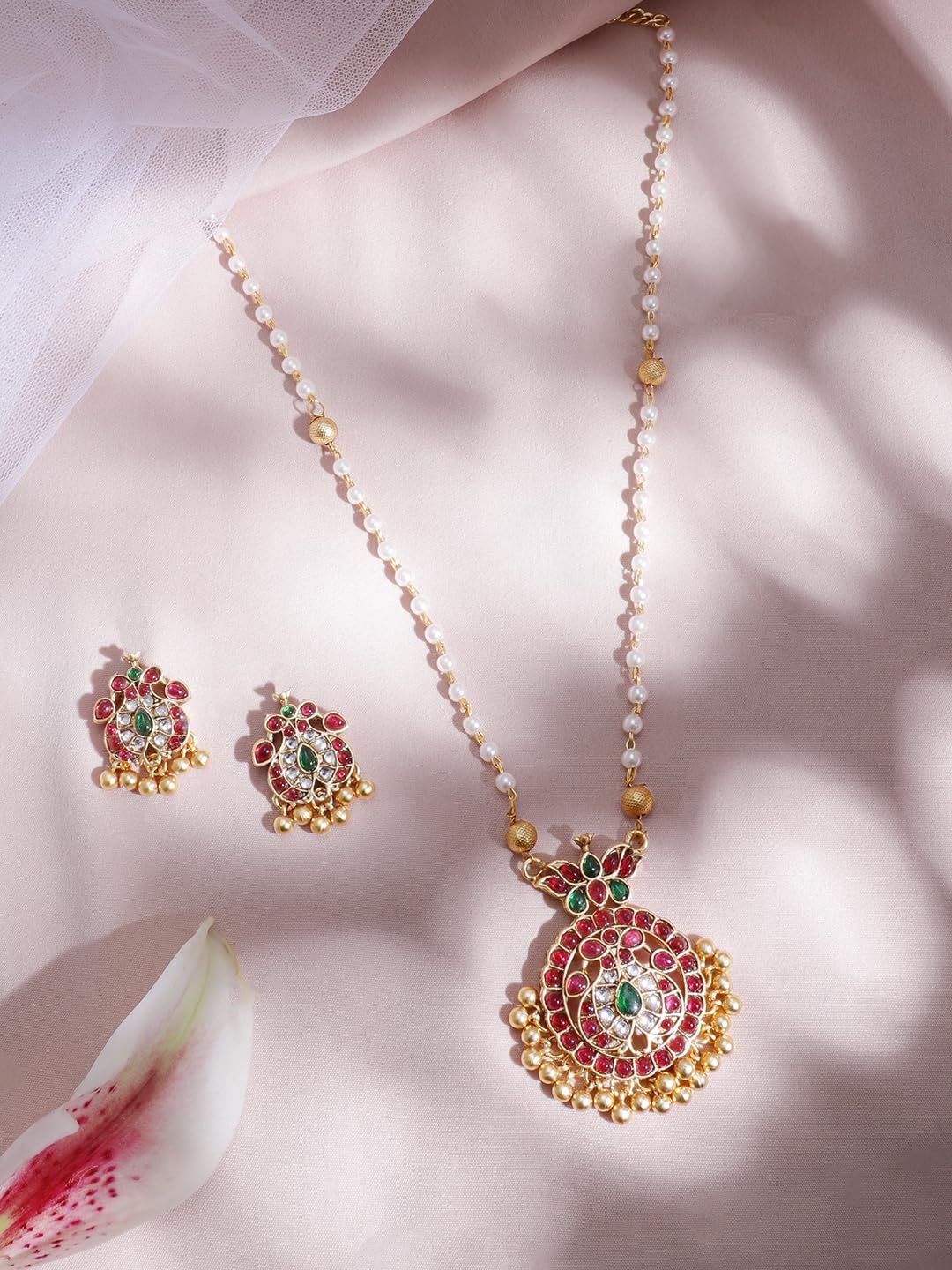 Rubans Gold-Plated Handcrafted Artificial Jewelry Set with Ruby, White Emerald Studs & Gold-White Beads with Earrings For Women and Girls โ Perfect fo - Image 3