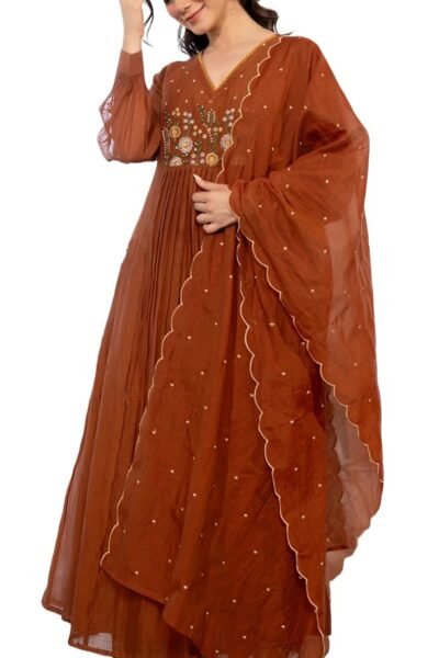Nermosa Women Embroidery Solid Anarkali Kurta and Pant Set with Dupatta